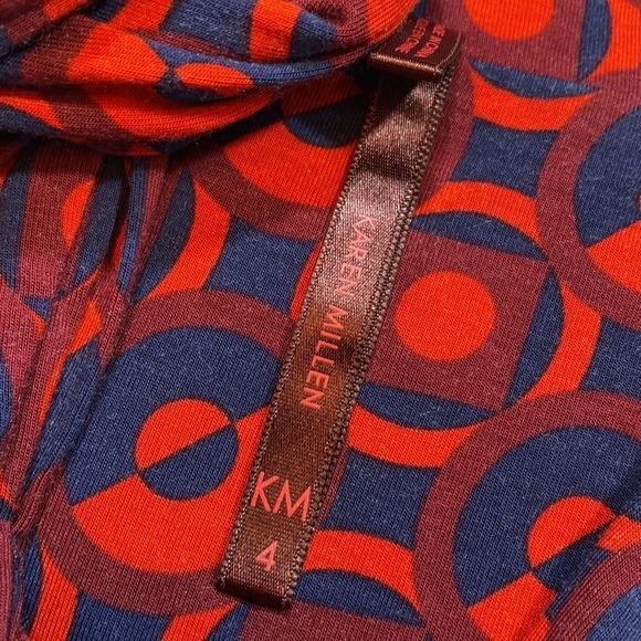 Karen Millen Red Blue Pattern Sheer Sleeve Tie Neck Long Sleeve Top sz 4 - Picture 3 of 13